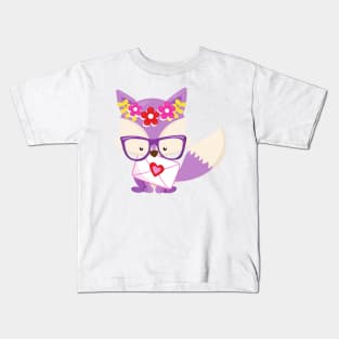 Valentine's Day Fox, Purple Fox, Glasses, Hearts Kids T-Shirt